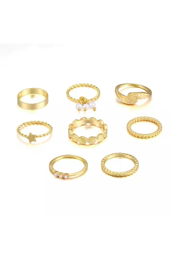 8 Pcs Pearl Star Knuckle Rings Geometric Finger Ring Set Punk Women Gold Color-Gold