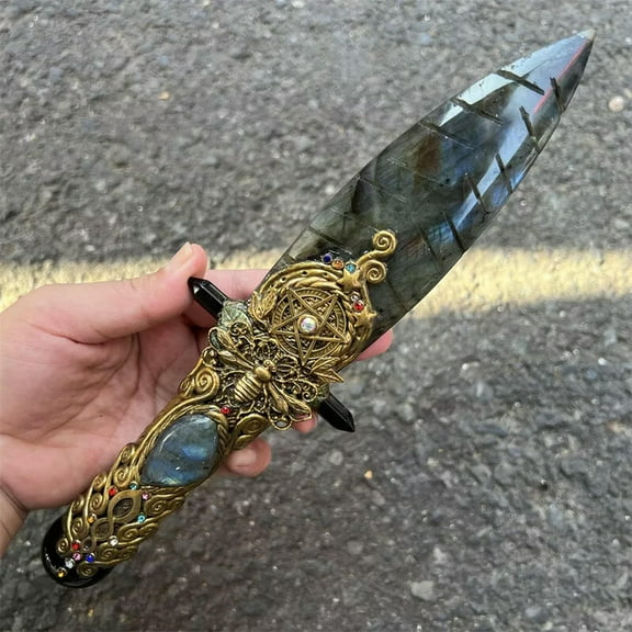 GKNET 9"+ Natural Labradorite Dagger Skull Quartz Crystal Skull Healing Reiki Gift 1PC