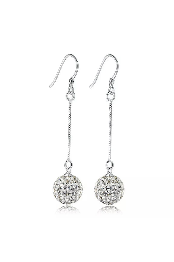 925 Silver 10mm Crystal Ball Dangle Drop Long Earrings Women Jewelry
