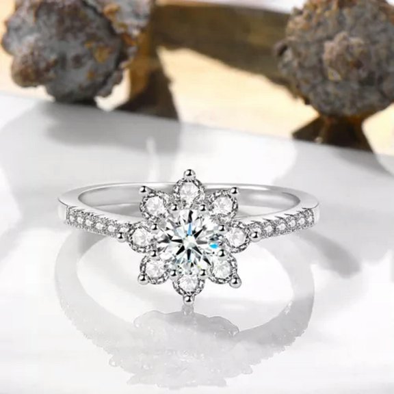 GKNET 925 Silver Crystal Flower Rings Womens Fashion Silver Rings Size 5-10-10