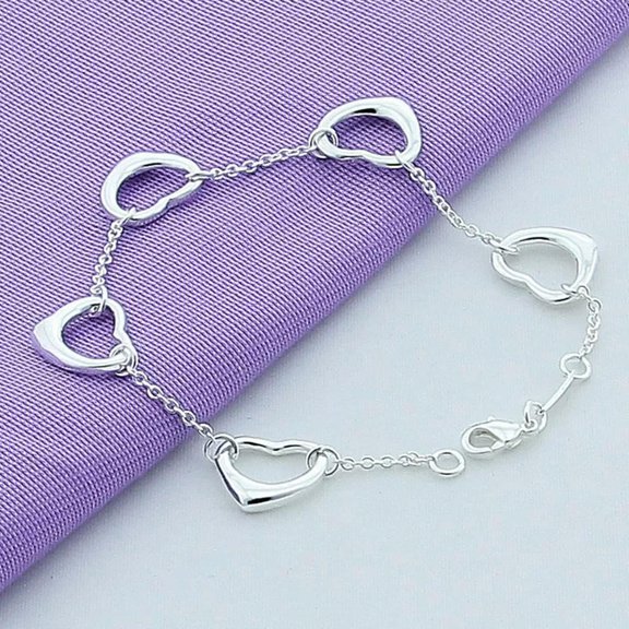 GKNET 925 Silver Filled 5 Heart Chain Bracelet Bangle Women Classic Jewelry