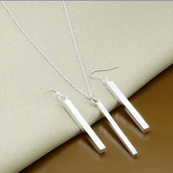 GKNET 925 Silver Filled Stick Pendant Necklace Earrings Womens Sets Jewelry