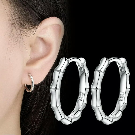 GKNET 925 Silver Hoop Huggie Earrings Ear Clip Women Bamboo Round Earrings