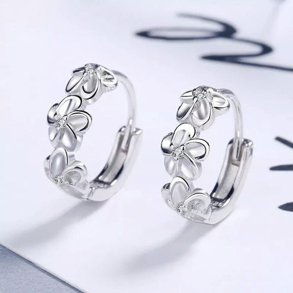 GKNET 925 Silver Hoop Huggie Earrings Fashion Women Crystal Flower Ear Clip