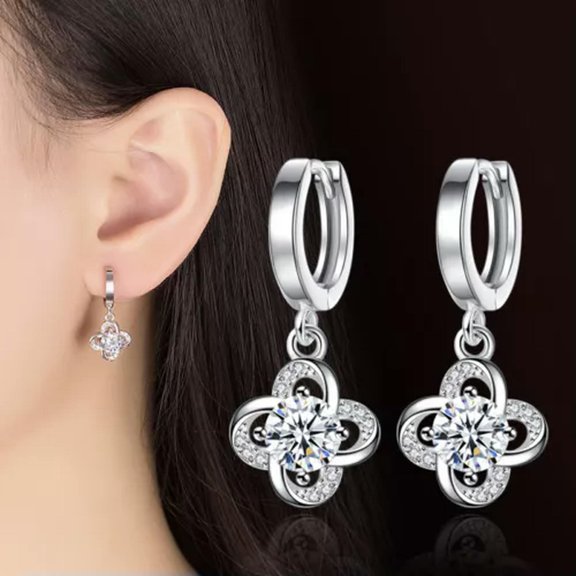 GKNET 925 Silver Hoop Huggie Earrings Womens Crystal Clover Earrings 2 Color-White Crystal