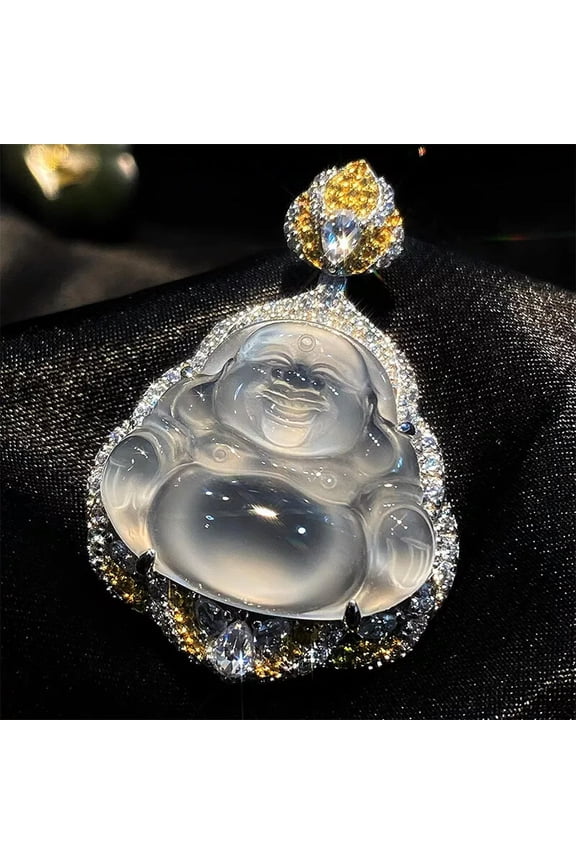 925 Silver Natural White Ice Jade Marrow Yellow Diamond Buddha Gong Pendant-default