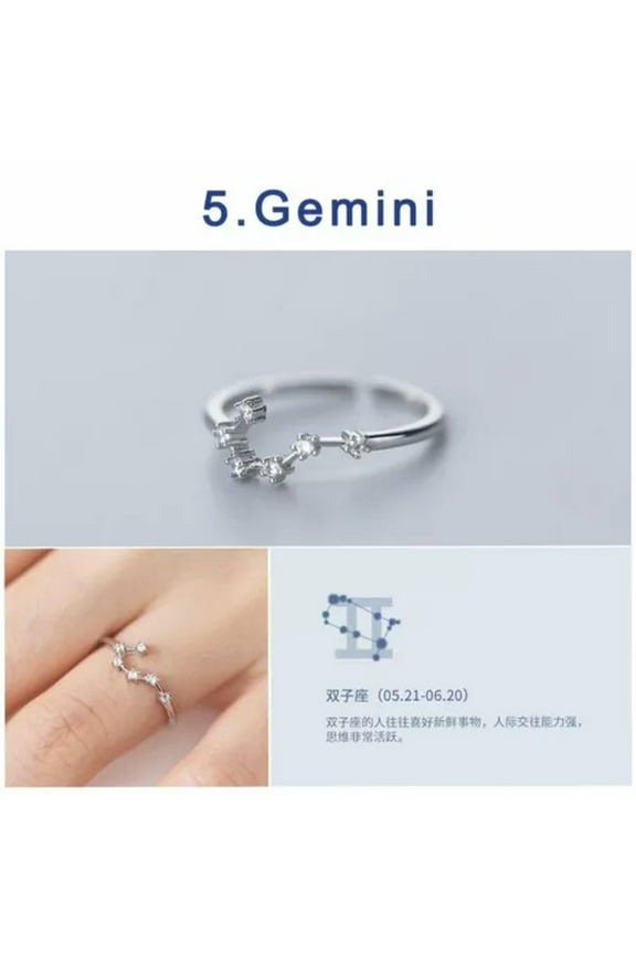 925 Silver Plated 12 Constellations Zodiac Zircon Ring Adjustable Women Jewelry-Gemini
