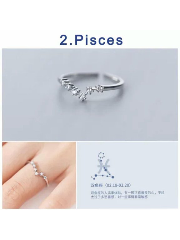 925 Silver Plated 12 Constellations Zodiac Zircon Ring Adjustable Women Jewelry-Pisces