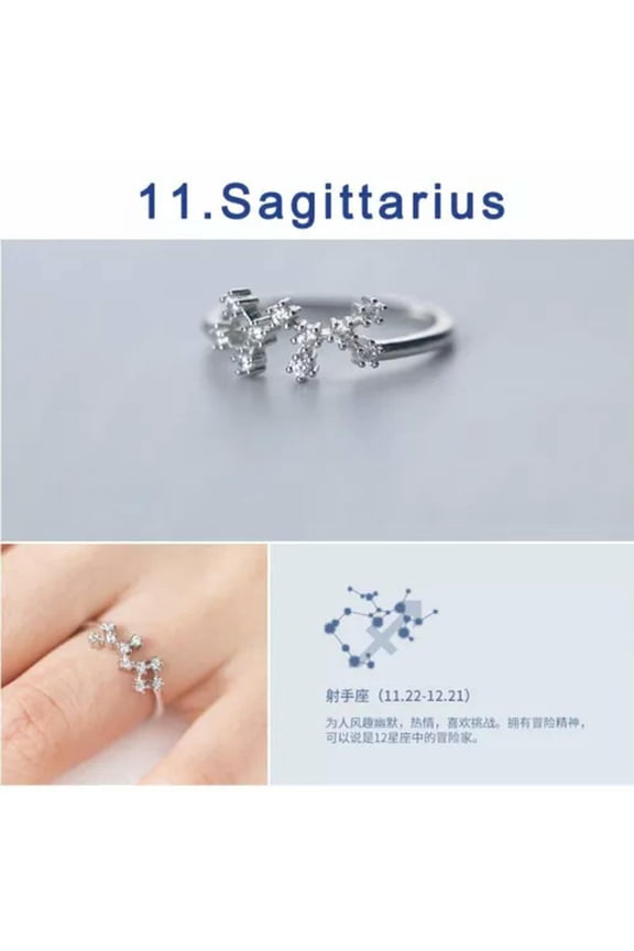 925 Silver Plated 12 Constellations Zodiac Zircon Ring Adjustable Women Jewelry-Sagittarius