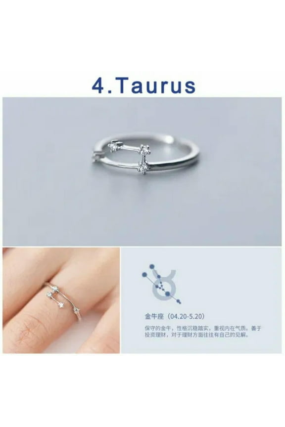 925 Silver Plated 12 Constellations Zodiac Zircon Ring Adjustable Women Jewelry-Taurus
