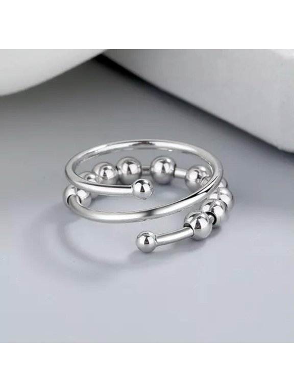 925 Silver Plated Relief Anxiety Ring Adjustable Finger Ring Women Men Jewellery-2-Silver Double Layer Beads