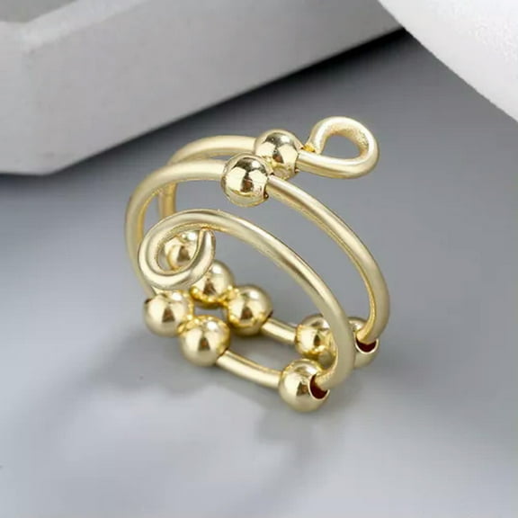 GKNET 925 Silver Plated Relief Anxiety Ring Adjustable Finger Ring Women Men Jewellery-3-Gold Double Layer Beads