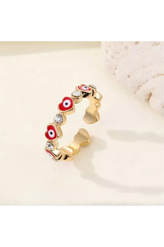 925 Silver Plated Turkish Lucky Blue Evil Eye Finger Ring Charm Women Jewellery-1-Red Heart & Blue Eye