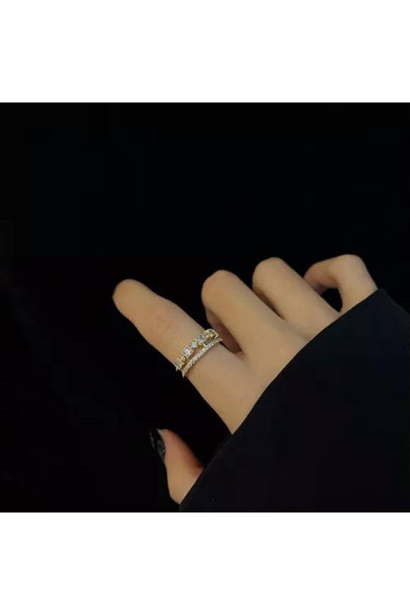 925 Silver Plated Zircon Ring Adjustable Leaf Finger Ring Womens Wedding Jewelry-11-Double Layer Zircon