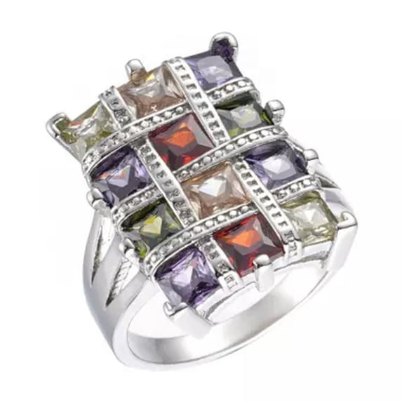 GKNET 925 Silver Ring Multicolor Zircon Square Rings Women Fashion Jewelry-9