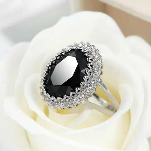 GKNET 925 Silver Ring Oval Black Zircon Rings Women Retro Fashion Silver Ring-6#