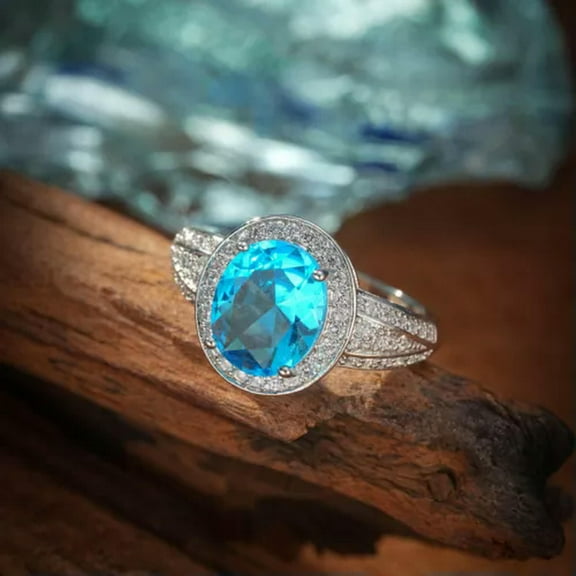 GKNET 925 Silver Ring Oval Light Blue Red Zircon Ring Women Retro Fashion Ring 2 Color-Light Blue-8#