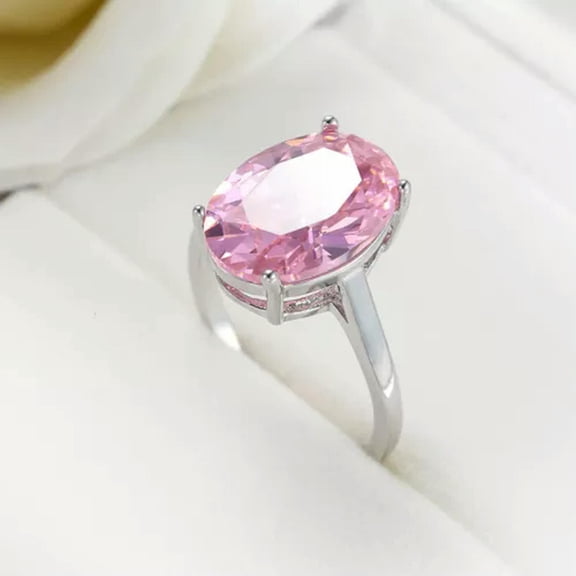 GKNET 925 Silver Rings Oval Pink Zircon Crystal Rings Womens Fashion Jewelry-7#
