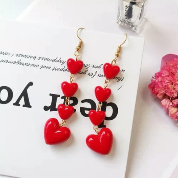 GKNET 925 Silver Rose Flower Tassel Crystal Earrings Stud Dangle Women Jewellery Gift-Red Heart