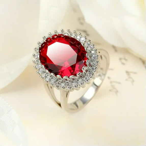 GKNET 925 Silver Ruby Ring Oval Red Zircon Crystal Rings Women Fashion Rings-7#