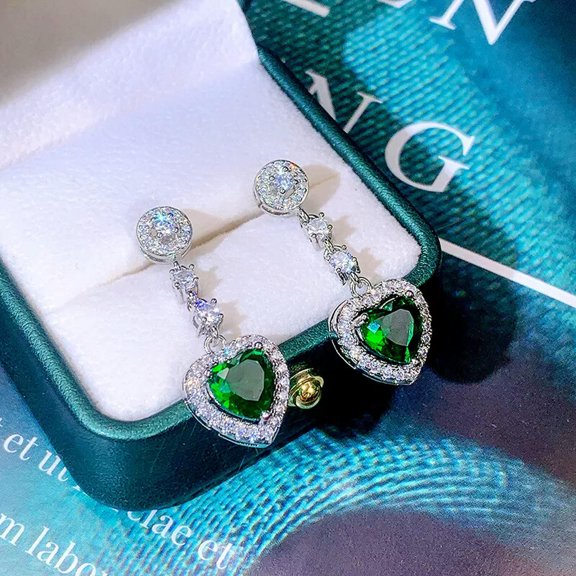 GKNET 925 Silver Stud Earrings Womens Green Zircon Heart Earring Fine Jewelry