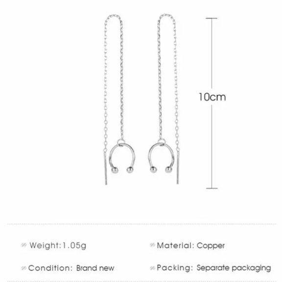 GKNET 925 Silver Zircon Clip Long Tassel Stud Earrings Drop Line Women Jewellery Gift-#3 U Shape