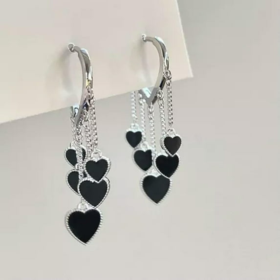 GKNET 925 Sliver Plated Pearl Long Tassel Zircon Earrings Drop Women Wedding Jewellery-44-Silver Black Love Heart