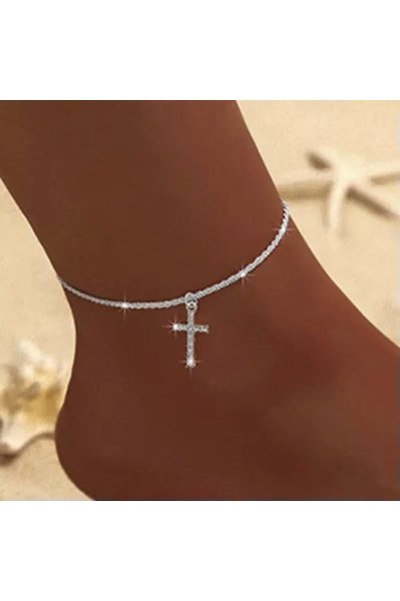 925 Sliver Plated Sparkling Cross Bilayer Anklet Bracelet Foot Chain Unisex Gift-Cross Anklet#2
