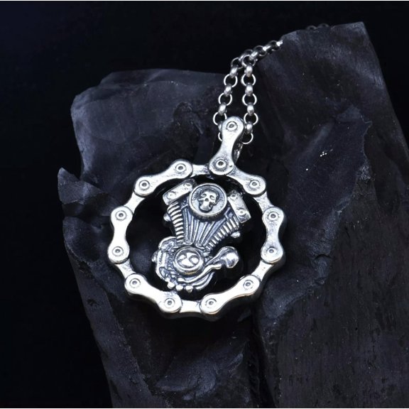 GKNET 925 Sterling Silver Biker Bicycle Chain Skull & V2 Necklace Pendant Charm