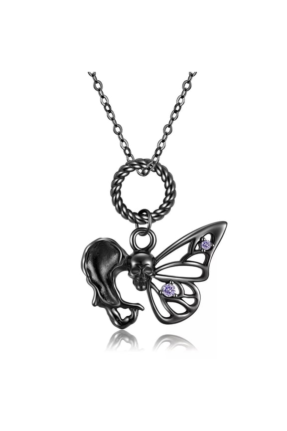 925 Sterling Silver Black Skull Butterfly Necklace Pendant Punk Gothic Charm