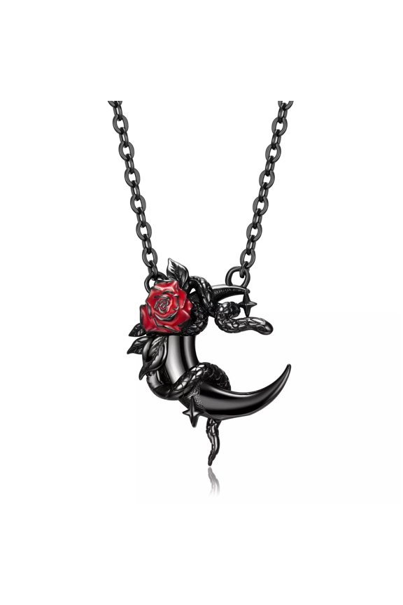 925 Sterling Silver Black Snake Moon Rose Pendant w/ 18" Chain Dainty Necklace