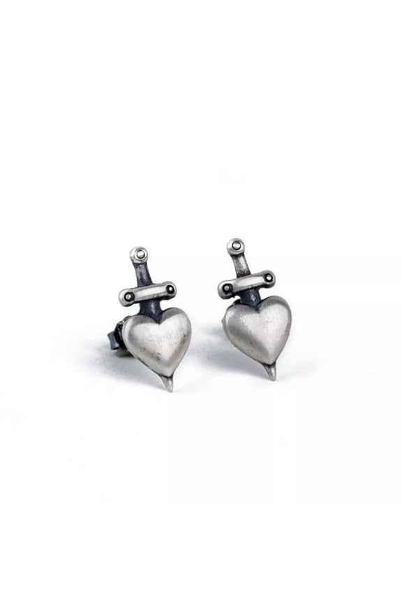 925 Sterling Silver Cross Sword Through Heart Ear Stud Earrings Vintage Gothic