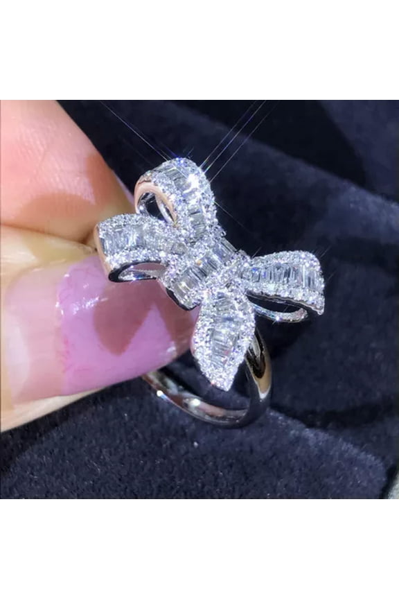 925 Silver Crystal Zircon Bow Rings Women Fashion Silver Ring Size 6-10-10