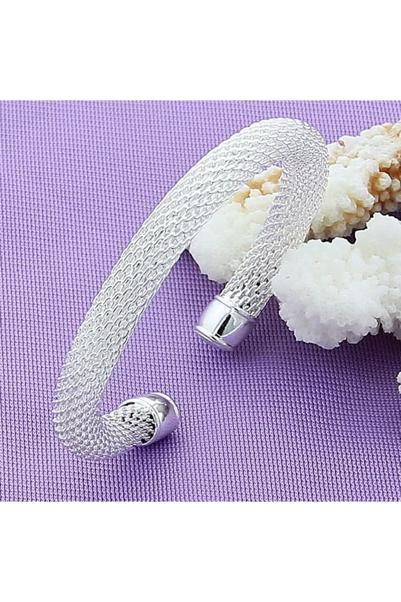 925 Sterling Silver Delicate Jewelry Cable Wire Twisted Mesh Cuff Bracelet for Women Gift-default
