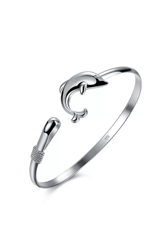 925 Sterling Silver Dolphin Cuff Bangle Bracelet Women Wedding Engagement Gift-default