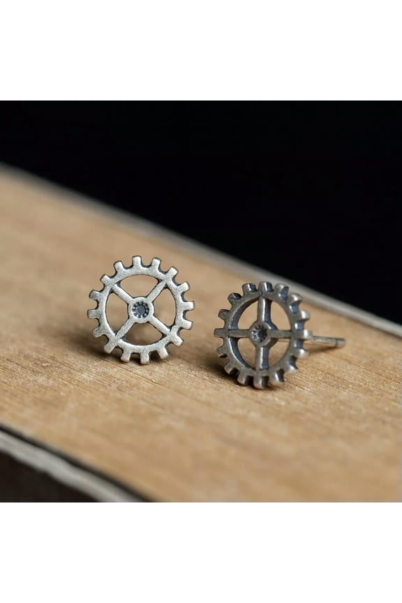 925 Sterling Silver Gear Ear Studs Steampunk Vintage Gothic Hip Pop Earrings