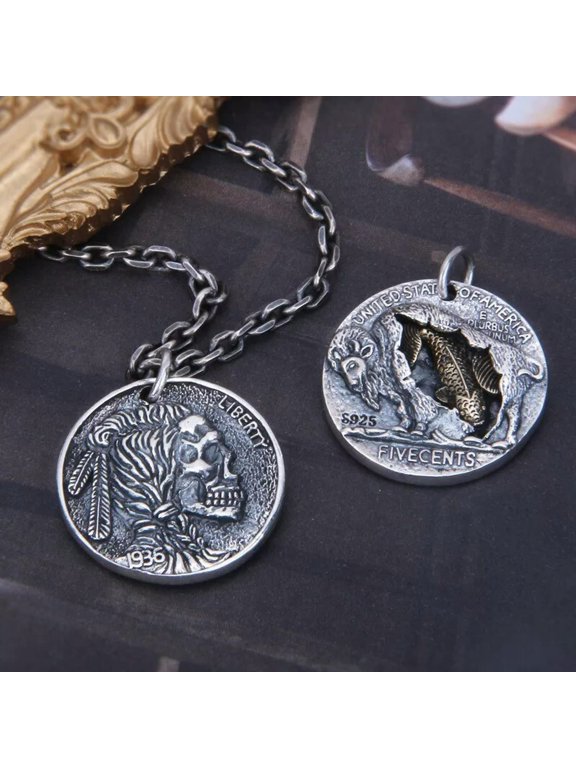 925 Sterling Silver Indian Skull Head Buffalo Koi 1936 Coin Double Sided Pendant
