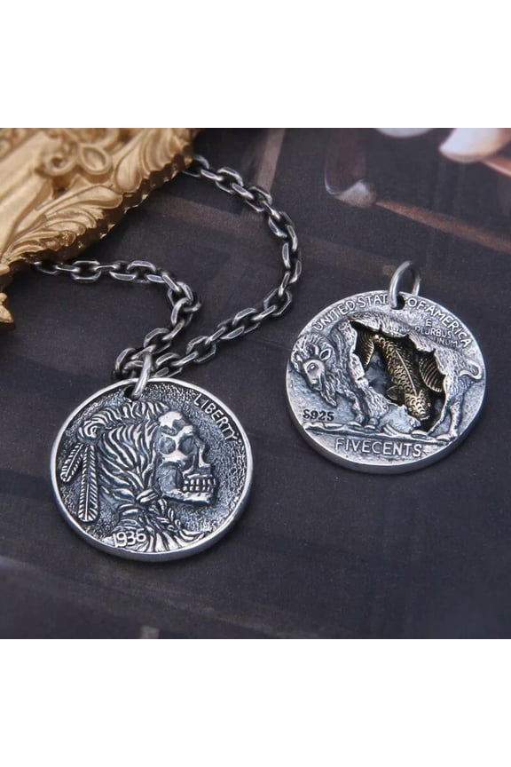 925 Sterling Silver Indian Skull Head Buffalo Koi 1936 Coin Double Sided Pendant