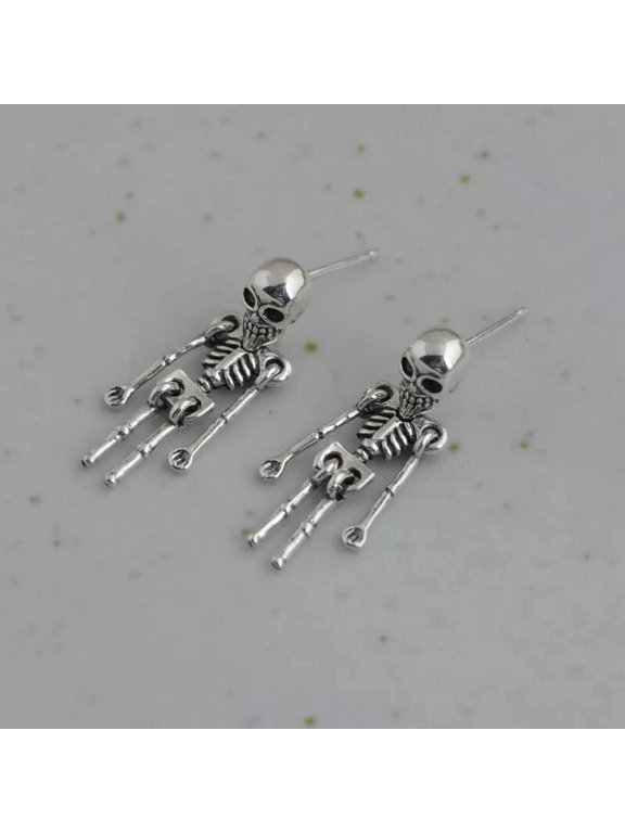 925 Sterling Silver Movable Skull Skeleton Dangle Halloween Gothic Post Earrings