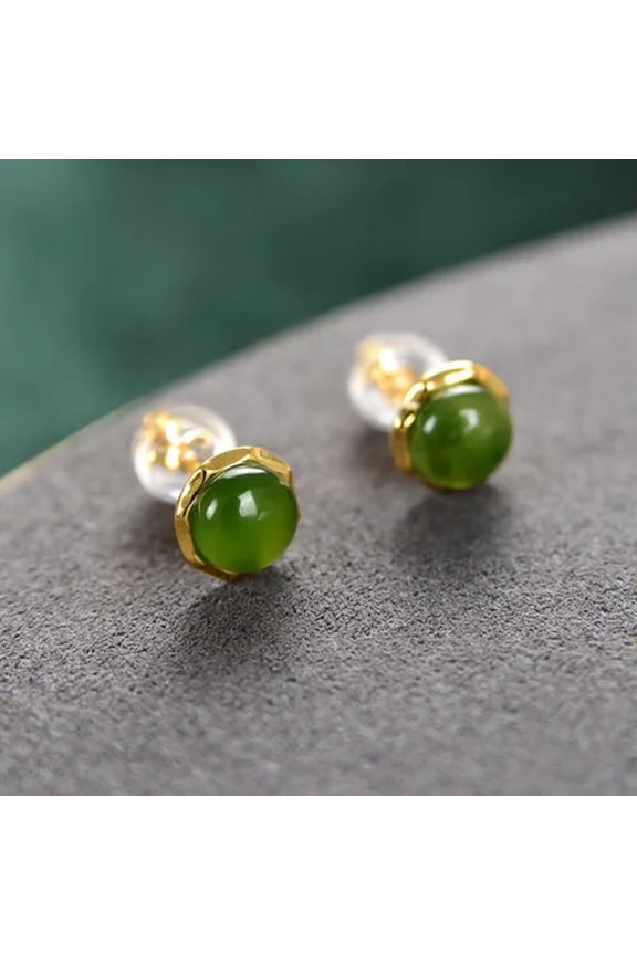 925 Sterling Silver Natural Green Jade Stud Earrings 8Mm Width-default