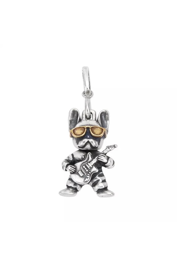 925 Sterling Silver Pug Dog Playing Guitar Necklace Pendant Gothic Rock Charm