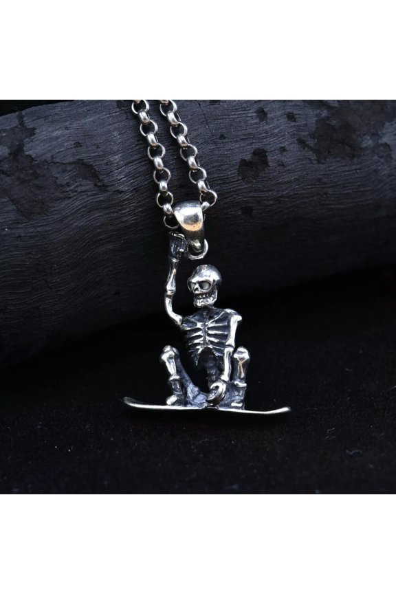 925 Sterling Silver Skating Skeleton Skull Skater Necklace Pendant Gothic Charm