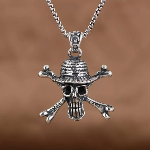 GKNET 925 Sterling Silver Skull Crossbones w/ Straw Hat Necklace Pendant Pirate Charm