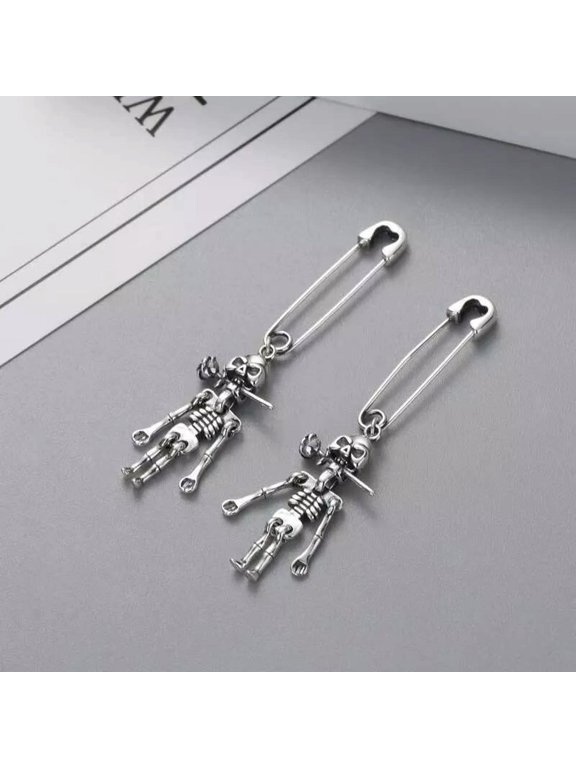 925 Sterling Silver Skull Skeleton Rose Mouth Dangle Gothic Safety Pin Earrings