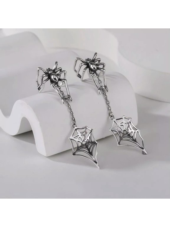 925 Sterling Silver Spider Ear Cuff Chained Cobweb Web Drop Punk Gothic Earrings