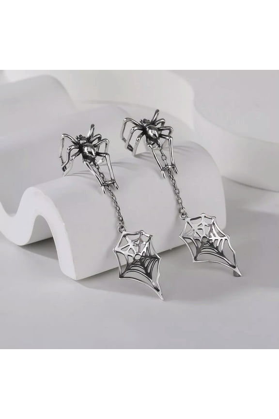 925 Sterling Silver Spider Ear Cuff Chained Cobweb Web Drop Punk Gothic Earrings