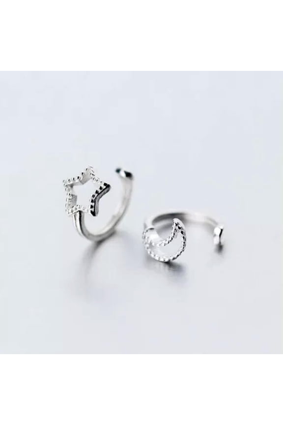 925 Sterling Silver Star Moon Ear Cuff Non Piercing Clip-On Earrings Jewelry-Star + Moon 1 Pair