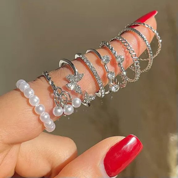 GKNET 9Pcs Fashion Hollow Butterfly Ring Cute Pearl Rings Women Delicate Jewelry Ring Set-Silver