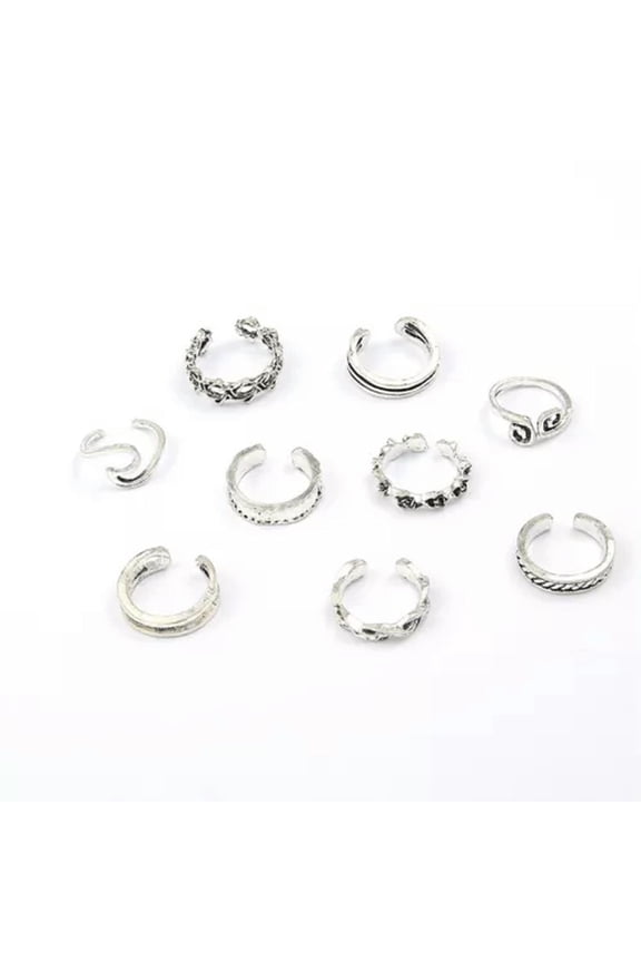 9Pcs/Set Toe Rings For Women Open Ring Women Beach Foot Delicate Jewelry Set Adjustable-Silver
