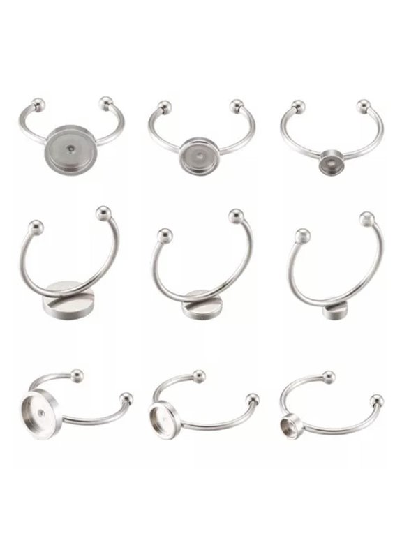 9pcs Stainless Steel Ring Blank Setting Size 8 Flat Round Adjustable Finger Ring-Steel Color